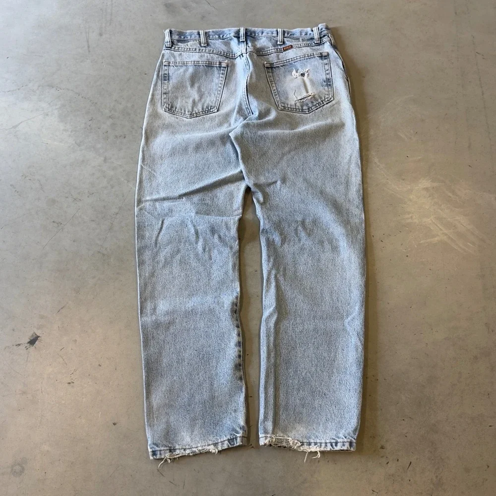 Rustler Mens Distressed Light Wash Straight Leg Denim Jeans Blue 36x32